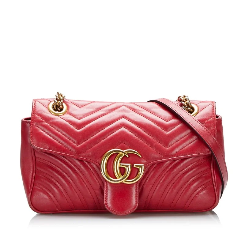 Gucci backpacks for women with a sleek silhouetteGucci GG Marmont Double G Quilted Small Heart Chain Shoulder Bag?443497 Hibiscus Red Leather Ladies Gucci