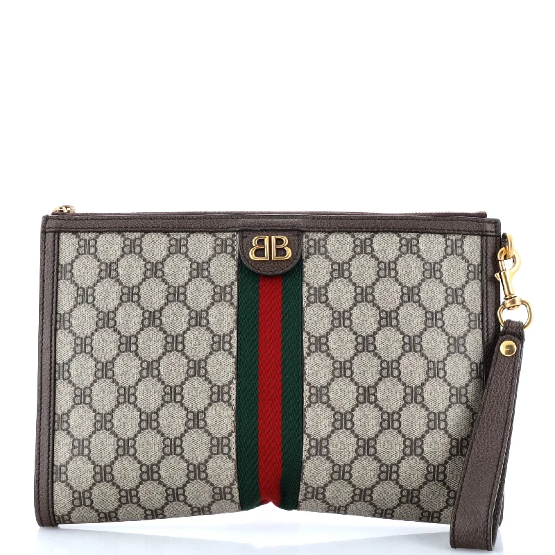 Women Gucci bags with a chain - link trim and a leather bodyx Gucci The Hacker Project Web Wristlet Clutch BB Coated Canvas