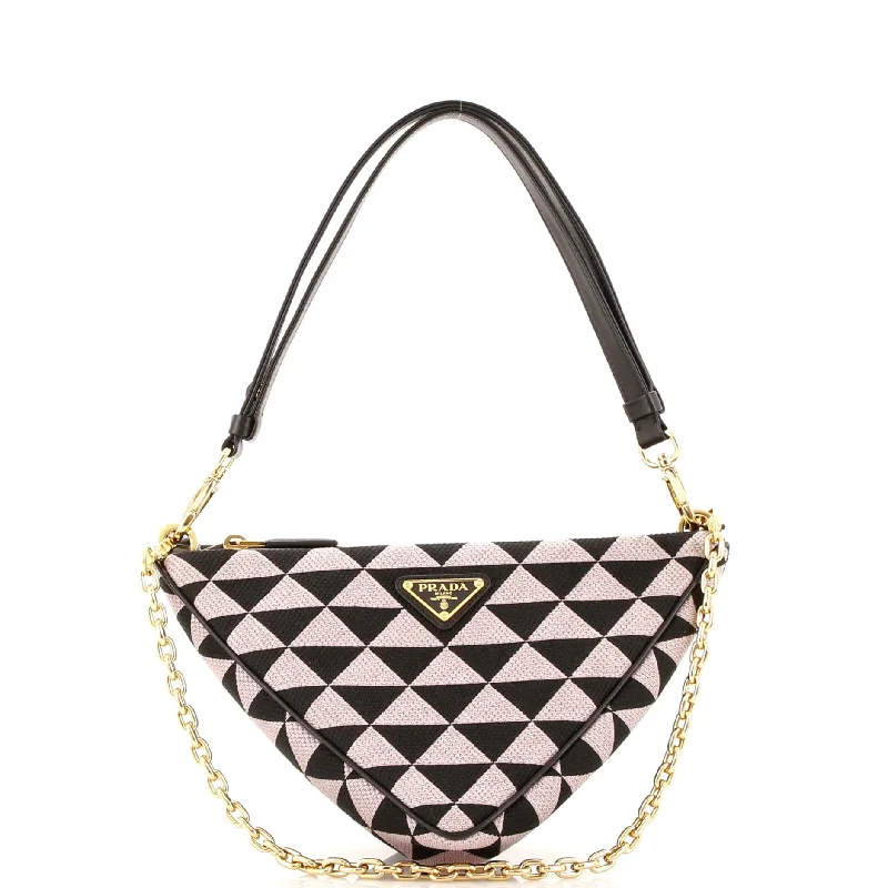 Prada crossbody bags with a woven leather strap for a unique textureDouble Symbole Triangle Bag Leather and Jacquard Mini