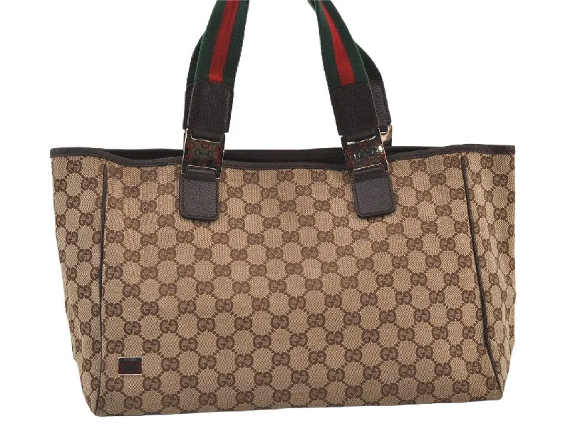 Gucci Marmont bags for women with a contrast - colored interiorAuthentic GUCCI Web Sherry Line Tote Bag GG Canvas Leather 145758 Brown 0106K