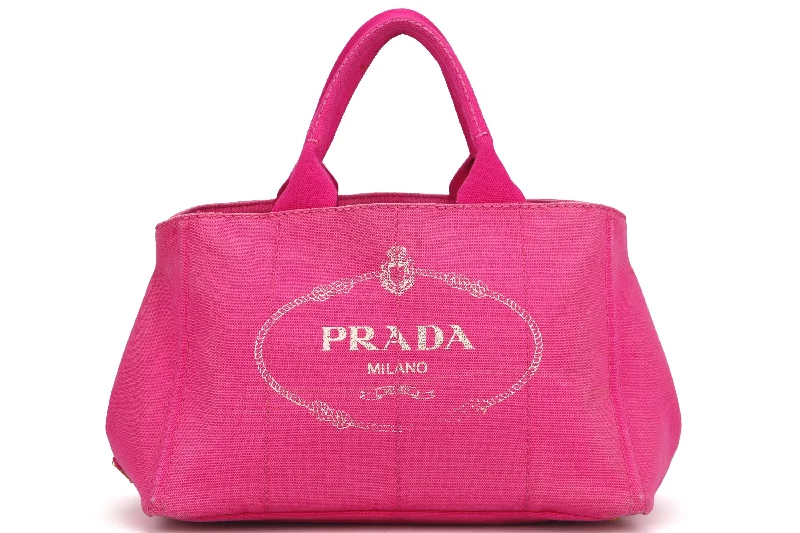 Prada bags with a chain - link trim and a leather body for a modern and stylish edgePRADA CANAPA TOTE, PINK DENIM, WITH STRAP, NO CARD & DUST COVER