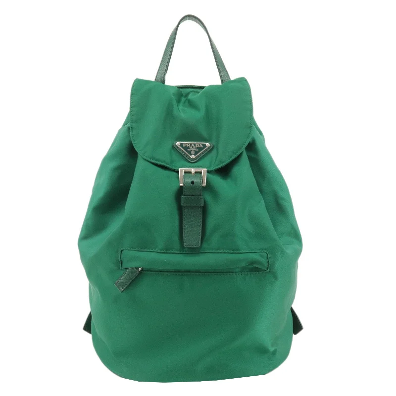 Prada nylon backpacks with a sleek, minimalist appearancePRADA Nylon Leather Backpack Ruck Sack Green 1BZ032