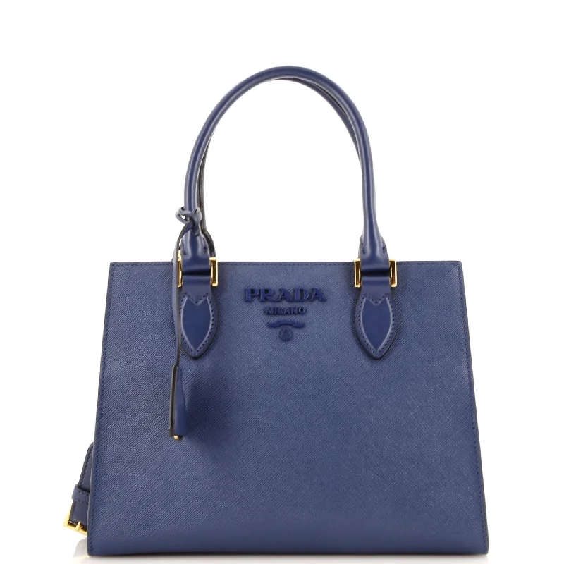 Prada handbags with a patent - leather finish for a shiny and sophisticated appearanceMonochrome Tote Saffiano with City Calf Small