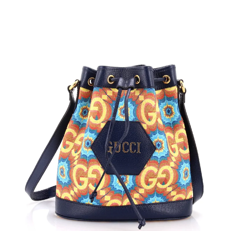 Women Gucci tote bags in GG Supreme canvas for a branded feelAria 100th Anniversary Bucket Bag Kaleidoscope Print GG Coated Canvas