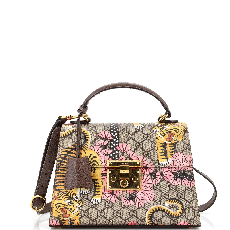 Ladies Gucci Dionysus bags with a star - shaped charmPadlock Top Handle Bag Bengal Print GG Coated Canvas Small