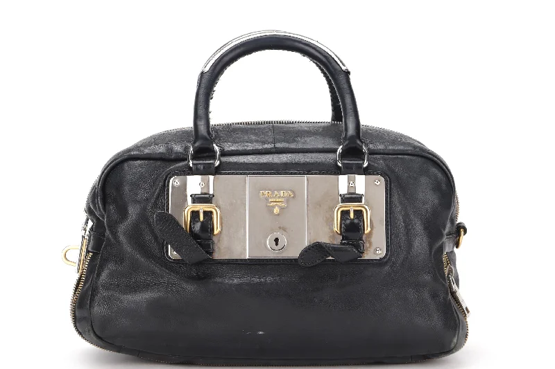 Prada Cleo bags with a curved shape and a chain - link shoulder strapPRADA PLAQUE ZIPPERS BAULETTO BAG DARK BLUE GLACE CALF LEATHER SILVER MIX GOLD HARDWARE, WITH CARD, NO DUST COVER