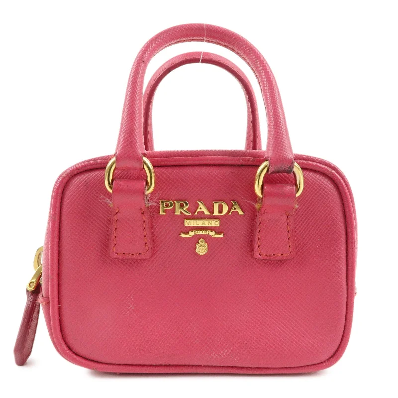 Prada tote bags with a double - handle and shoulder - strap option for easy usePRADA Logo Safiano Leather Mini Hand Bag Mini Pouch Pink