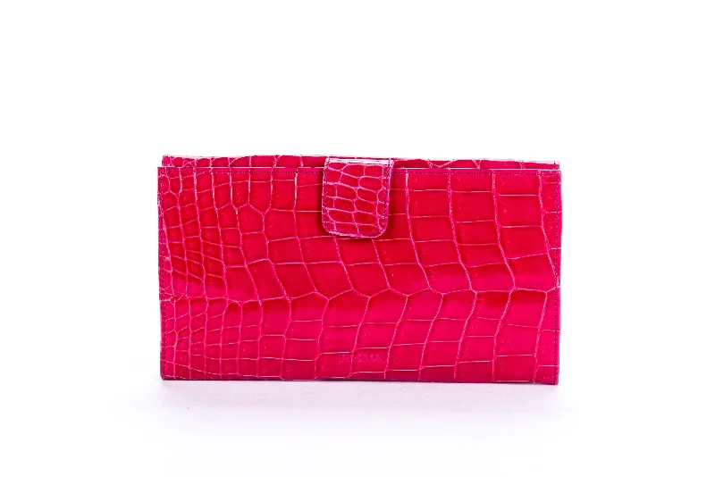 Prada Cleo bags with a curved shape and a chain - link shoulder strap(Exotic) Prada Fuchsia Croc Leather Wallet (1M1133) with Card & Box