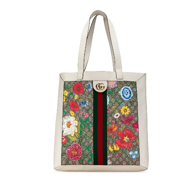 Women Gucci bags with a chain - link trim and a leather bodyWhite Gucci GG Supreme Flora Ophidia Tote