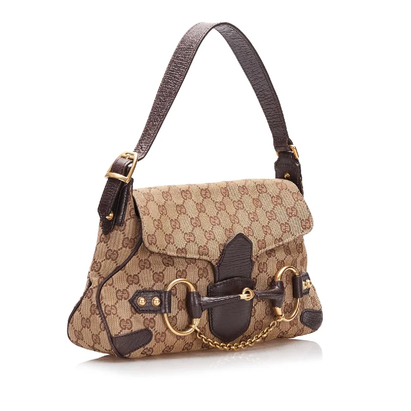 Women Gucci bags with a magnetic snap closure for easy accessGucci GG Canvas Horsebit Shoulder Bag (SHG-cAREcT)