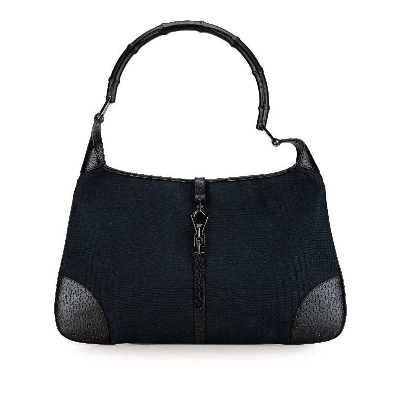 Women Gucci bags with a zip - around closure for securityBlack Gucci Canvas Bamboo Jackie Hobo