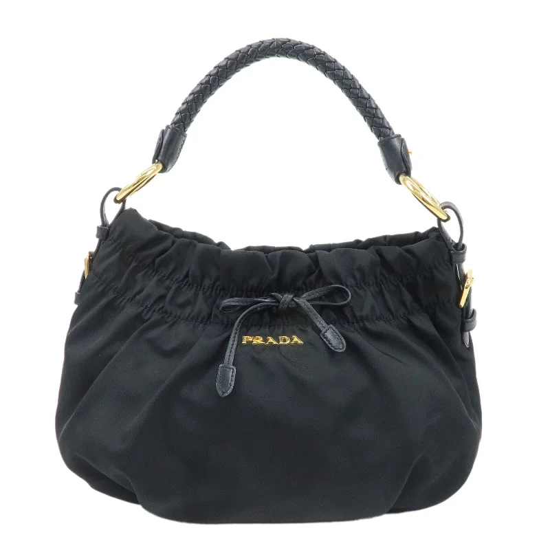 Prada bags with a front - flap pocket for quick access to essentialsPRADA Nylon Leather Shoulder Bag Black