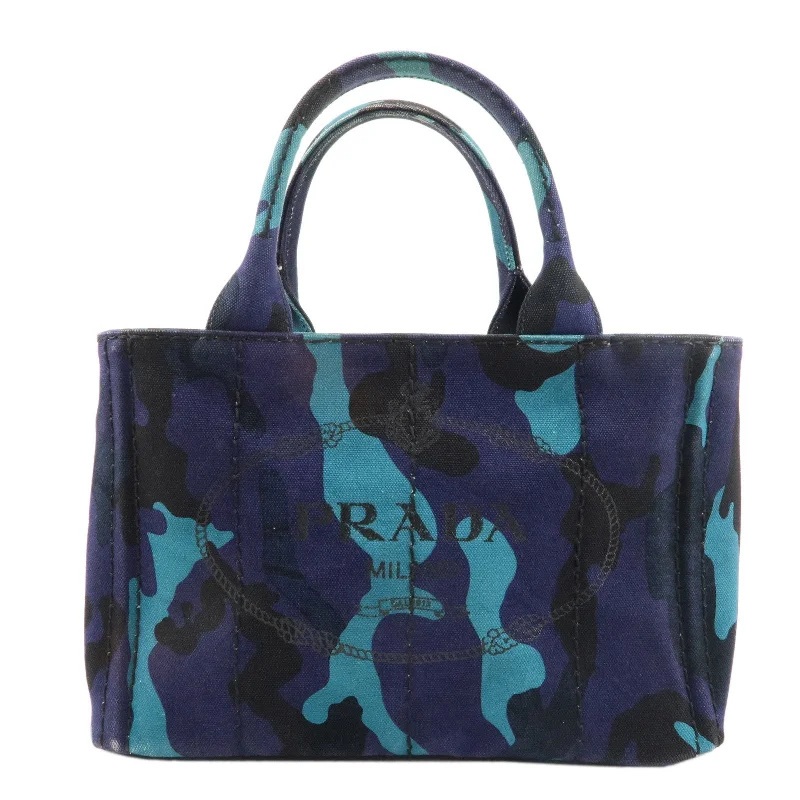 Prada bags with a zip - top closure and multiple interior pockets for organizationPRADA Logo Canapa Canvas Tote Bag Hand Bag Camouflage Blue B2642B