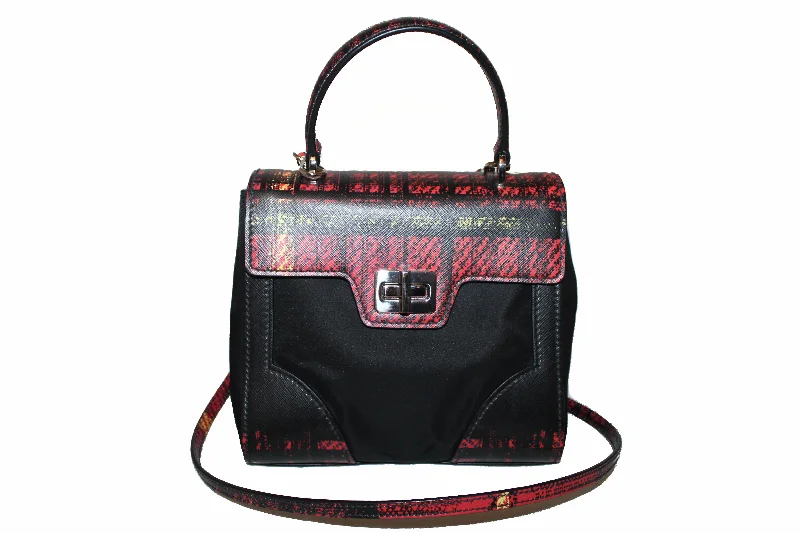 Prada bags with a snap - button closure and a decorative charm for a fashionable lookAuthentic New Prada Red Plaid Tartan Saffiano Leather and Nylon Top Handle Messenger Bag with Long Strap