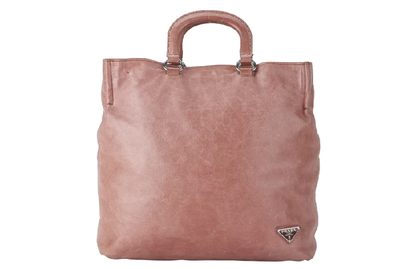 Prada Cleo bags with a curved shape and a chain - link shoulder strapPRADA SHOPPER BAG PINK AGED CALF LEATHER SILVER HARDWARE WITH STRAP AND DUST COVER