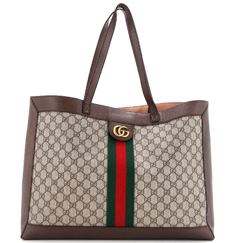 Women Gucci Sylvie bags with a crystal - embellished web stripeOphidia Soft Open Tote GG Coated Canvas East West