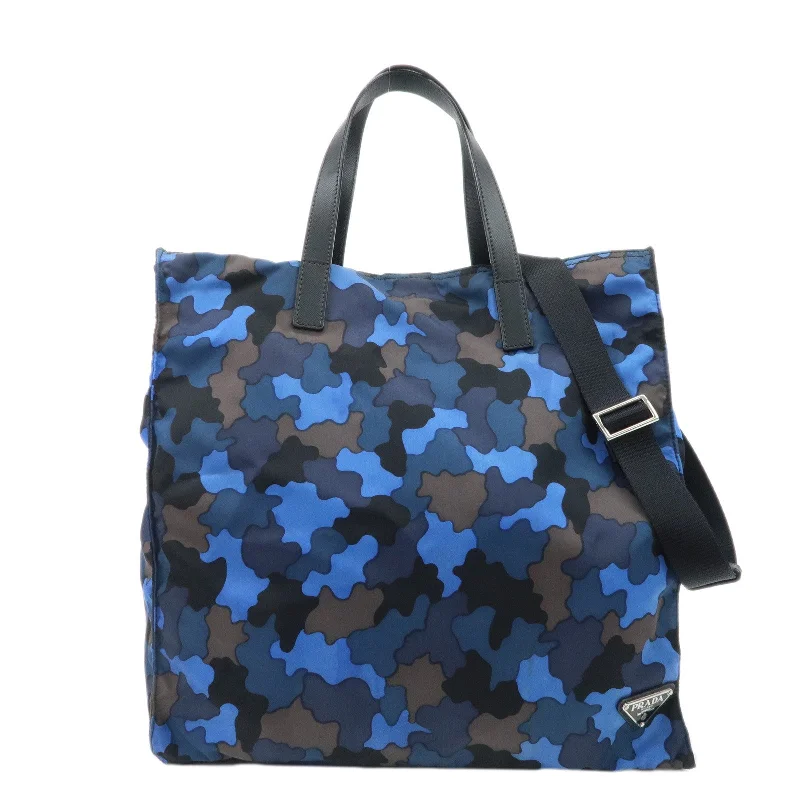 Prada handbags with a patent - leather finish for a shiny and sophisticated appearancePRADA Logo Camouflage Nylon Leather 2Way Tote Shoulder Bag