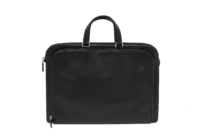 Prada Cahier bags with a leather - wrapped handle for a luxurious feelAuthentic Prada Black Saffiano Leather Front Zip Pocket Briefcase Work Bag