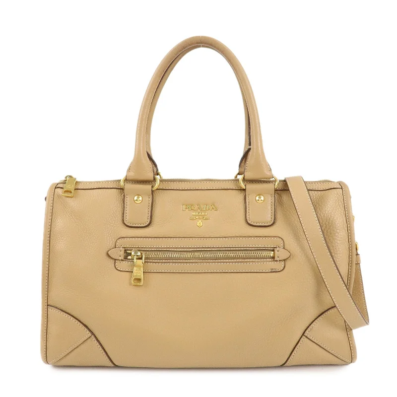 Prada handbags with a metal - framed clasp for durability and stylePRADA Logo Leather 2Way Bag Hand Bag Shoulder Bag Beige