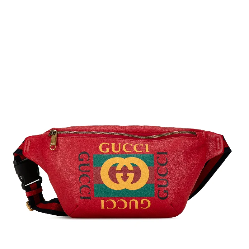 Women Gucci Sylvie bags with a crystal - embellished web stripeRed Gucci Leather Logo Belt Bag