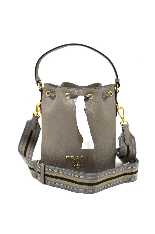 Ladies Prada shoulder bags with a tassel - adorned zipper for added charmNEW Authentic Prada Grey Calf Leather Drawstring Bucket Messenger Bag