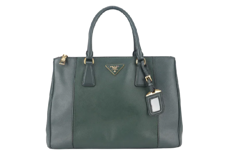 Prada nylon backpacks with a padded laptop compartment for travel and studyPRADA MEDIUM GALLERIA TOTE GREEN BICOLOR SAFFIANO LUX LEATHER GOLD HARDWARE WITH STRAPS AND DUST COVER