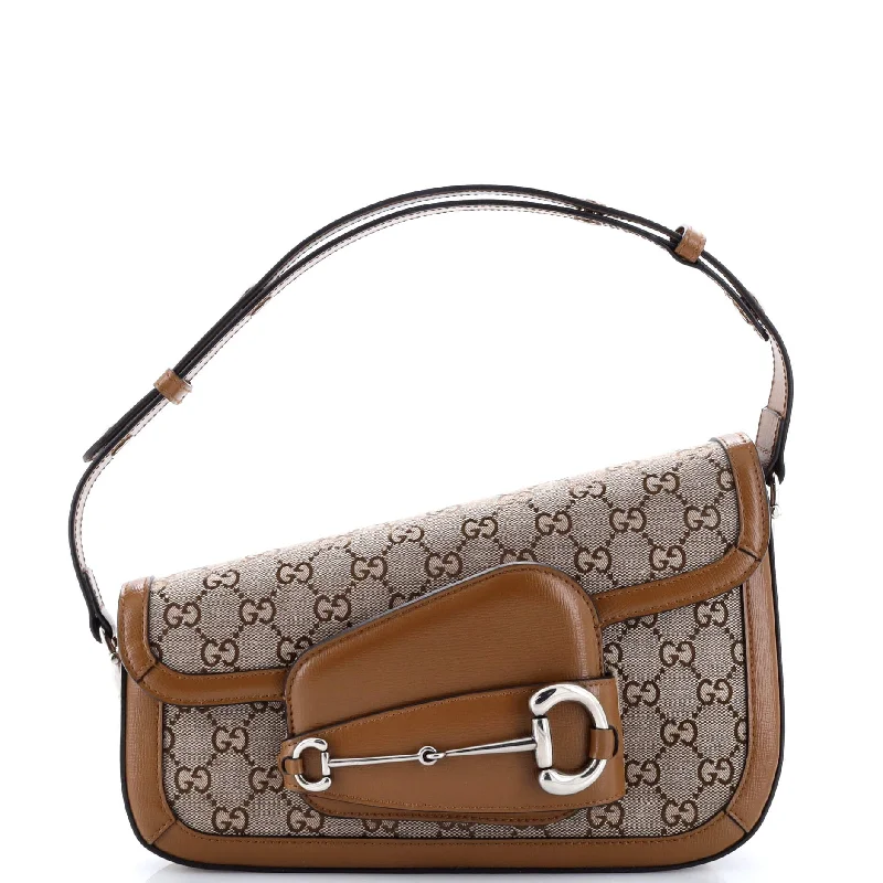 Women Gucci Sylvie bags with a leather - wrapped handleHorsebit 1955 Asymmetric Shoulder Bag GG Canvas with Leather Small