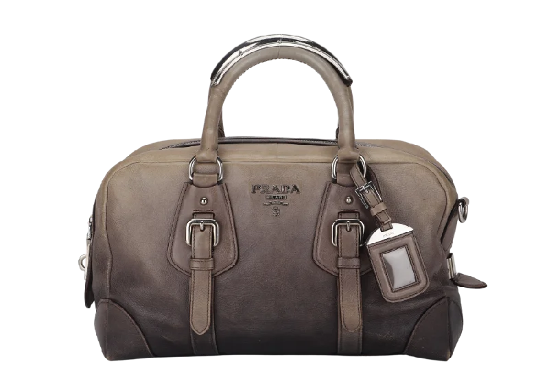 Prada bags with a back - zip pocket for storing valuables securelyPRADA BANDOLIERA BROWN TAUPE LEATHER SILVER HARDWARE WITH STRAPS AND DUST COVER