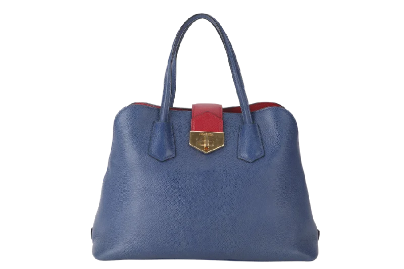 Medium - sized Prada tote bags in classic black for everyday versatilityPRADA BLUE-RED SAFFIANO LEATHER DOUBLE HANDLE TOTE (BN2755) GOLD HARDWARE WITH STRAP, CARD AND DUST COVER