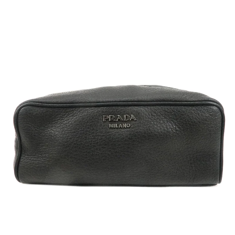 Prada bags with a back - zip pocket for storing valuables securelyPRADA Logo Leather Pouch Cosmetic Pouch Black Silver HDW