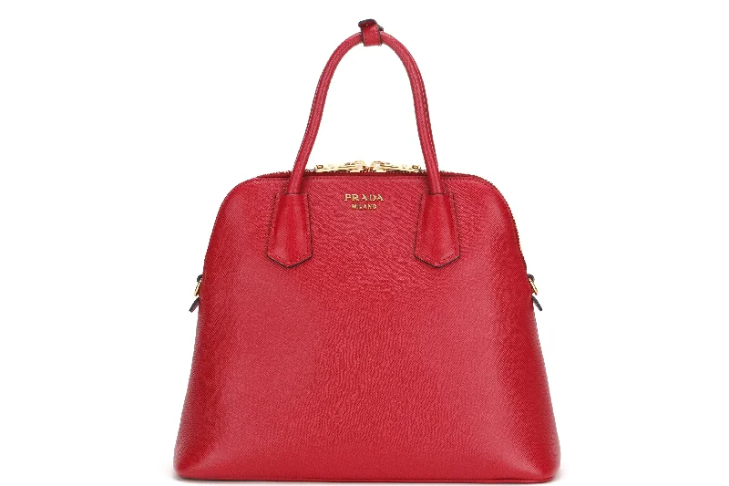 Prada Cahier bags featuring the signature triangular logo plaquePRADA CONVERTIBLE DOME SATCHEL LARGE RED SAFFIANO LEATHER GOLD HARDWARE, WITH CARD, STRAP & DUST COVER