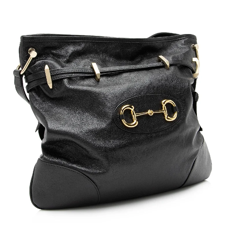 Women Gucci bags with interlocking G hardware for a classic lookGucci Glazed Calfskin Horsebit 1955 Morsetto Drawstring Shoulder Bag (SHF-4zXuXi)