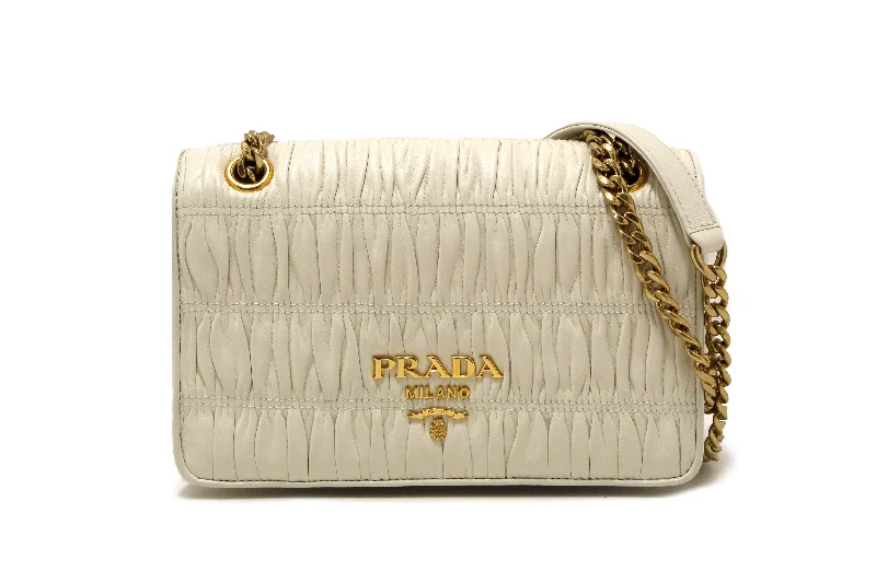 Prada nylon backpacks with a hidden back pocket for securityAuthentic Prada Off White Matelasse Nappa Leather Flap Chain Bag