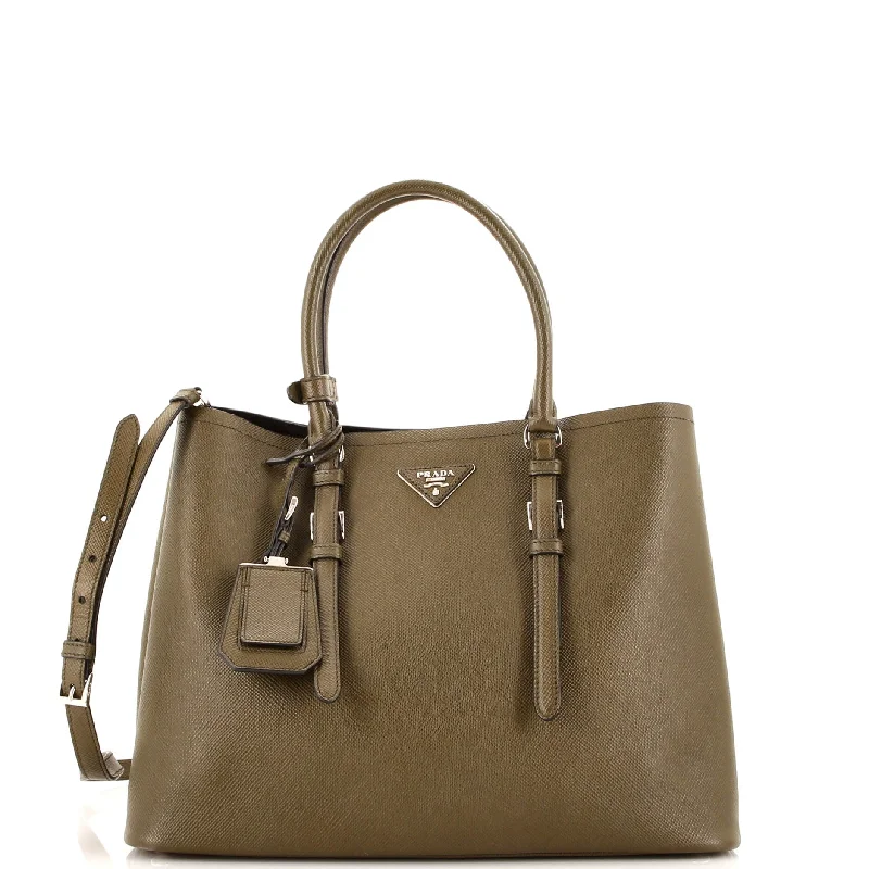 Prada bags with a front - zip pocket for small items like cards and keysBelted Strap Cuir Double Tote Saffiano Leather Medium