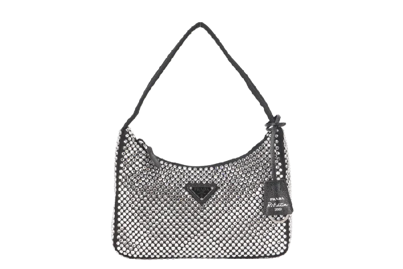 Prada bags with a detachable mirror inside for quick touch - upsPRADA SATIN MINI BAG WITH CRYSTALS (IBC515) WITH DUST COVER AND BOX