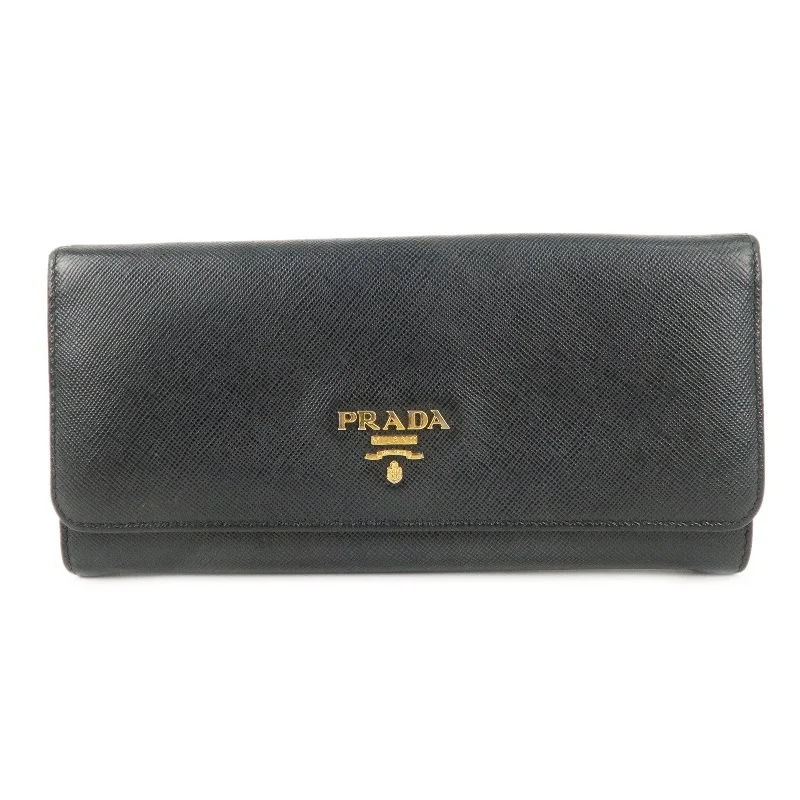 Prada bags with a snap - button closure and a decorative charm for a fashionable lookPRADA Logo Saffiano Leather Bi-fold Long Wallet Black Noir