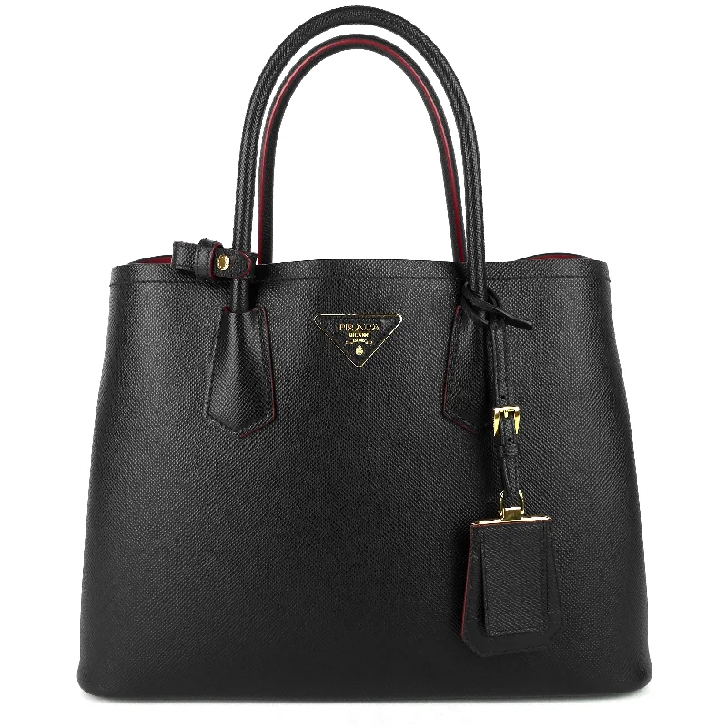 Ladies Prada shoulder bags with a magnetic - closure flap for easy opening and closingDouble Medium Saffiano Cuir Leather Bag