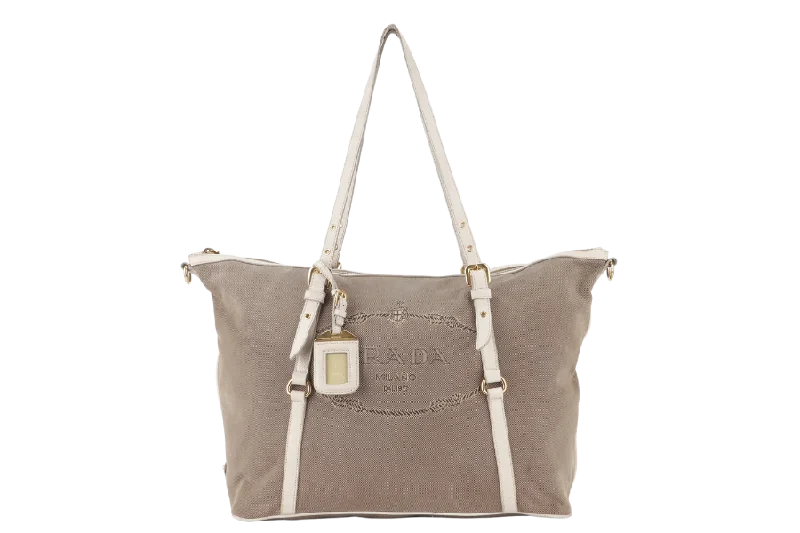 Prada bags with a chain - link trim and a leather body for a modern and stylish edgePRADA LOGO JACQUARD TOTE KHAKI CANVAS GOLD HARDWARE NO DUST COVER