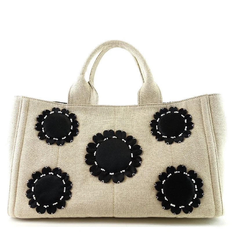 Prada tote bags with a spacious interior and a magnetic - snap closureMistolino Canvas with Flower Applique Tote Bag