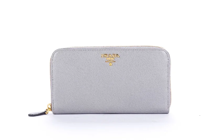 Prada bags with a back - zip pocket for storing valuables securelyPrada 1M0506 Light Grey Full Zip Wallet with Cards & Box