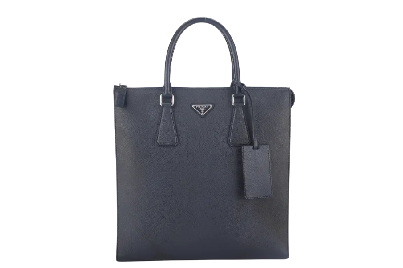 Prada tote bags with a double - handle and shoulder - strap option for easy usePRADA MEDIUM TOTE BAG (2VG079) BLACK SAFFIANO LEATHER SILVER HARDWARE NO DUST COVER