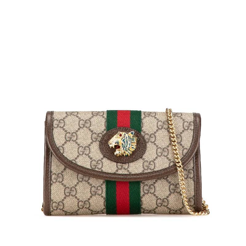 Women Gucci Sylvie bags with a monogram - embossed leatherBrown Gucci Mini GG Supreme Rajah Web Chain Crossbody