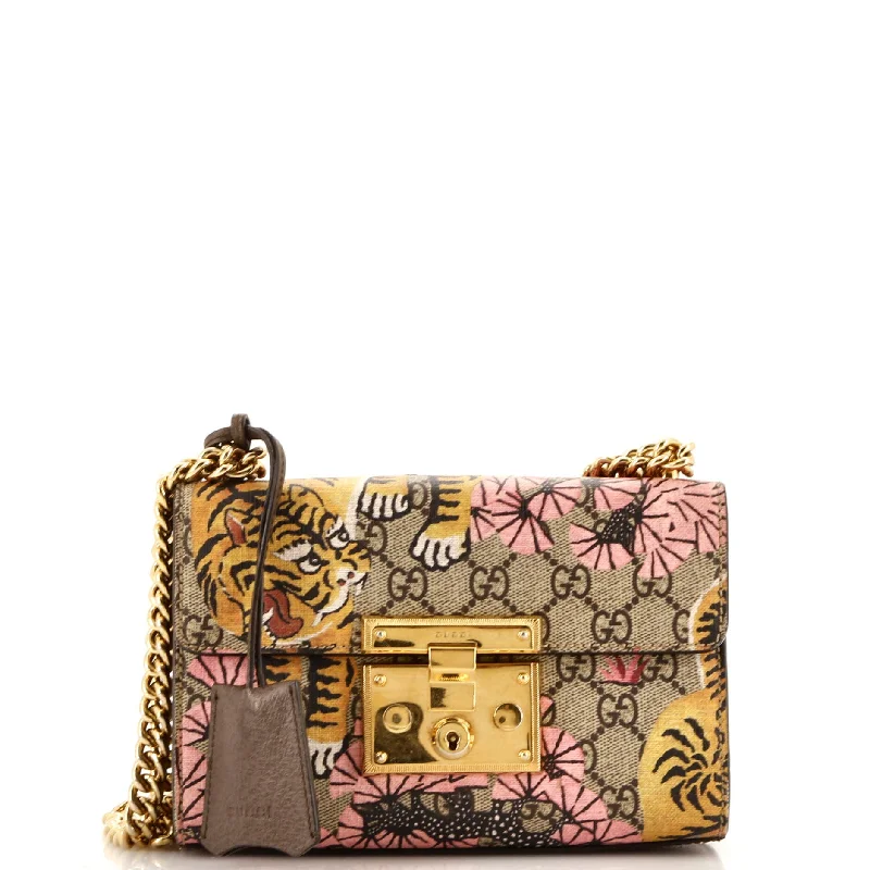 Women Gucci bags with a front - zip pocket for small itemsPadlock Shoulder Bag Bengal Print GG Coated Canvas Small