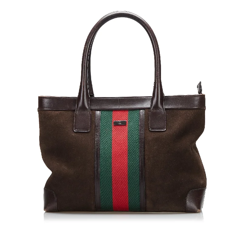 Women Gucci bags with a snap - button closure and a decorative charmGucci Web Suede Tote Tote Bag