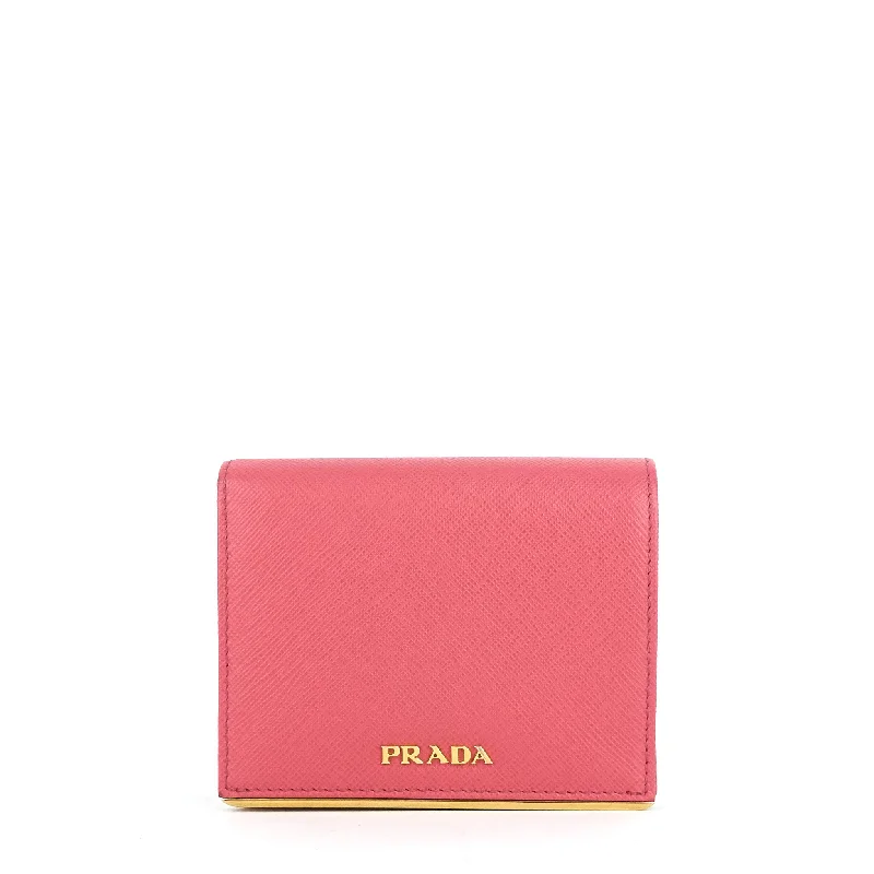 Ladies Prada Galleria bags with a detachable shoulder strapMetal Bar Saffiano Leather Compact Wallet