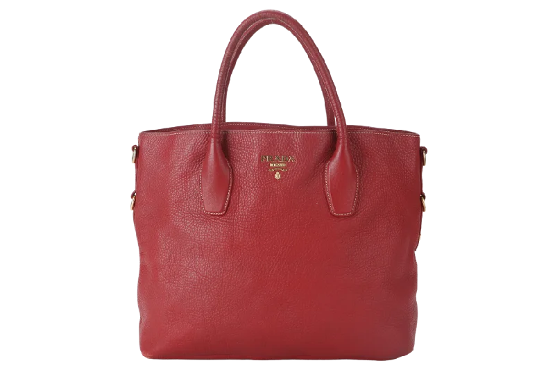 Prada bags with a detachable mobile phone holder for on - the - go conveniencePRADA BN2317 TOTE LARGE ROSSO VITELLO DAINO LEATHER GOLD HARDWARE WITH CARD