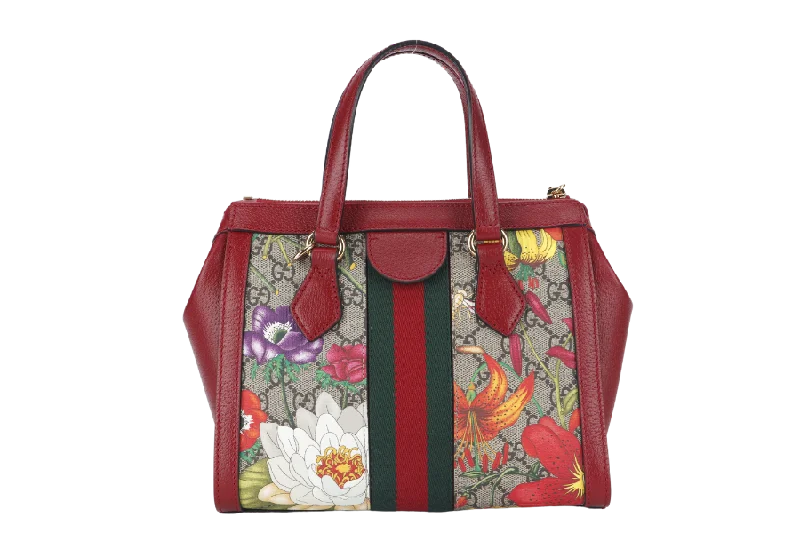 Ladies Gucci shoulder bags with a magnetic - closure flapGUCCI GG FLORA WEB 2WAY BAG (547551 525040) SMALL RED LEATHER GOLD HARDWARE WITH STRAP AND DUST COVER