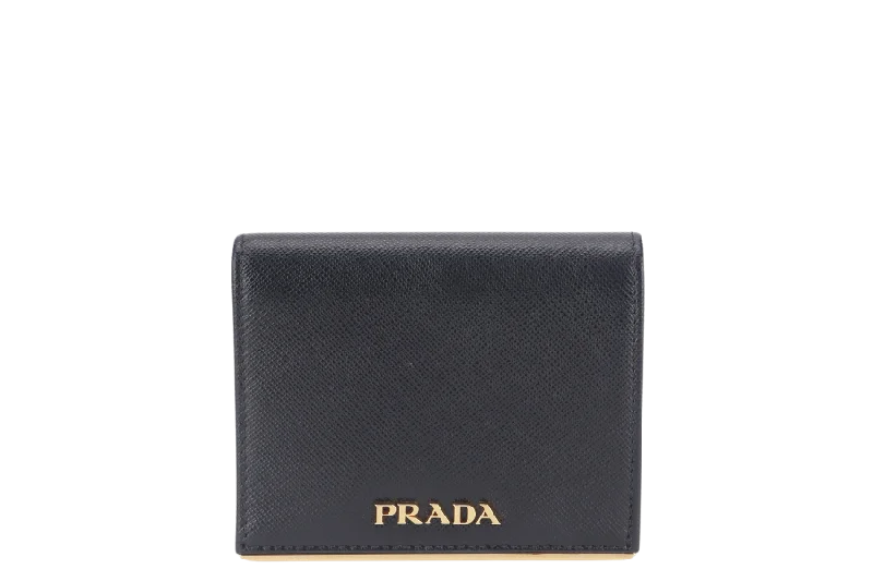 Prada handbags with a perforated leather detail for a unique and breathable designPRADA BLACK SAFFIANO CARD CASE WITH COIN POUCH GOLD HARDWARE NO CARD WITH BOX