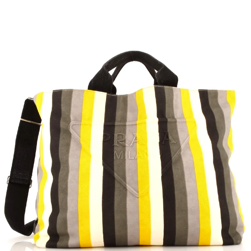 Prada Cleo bags with a detachable coin purse for added functionalityEmbossed Triangle Logo Convertible Tote Stripe Canvas Large