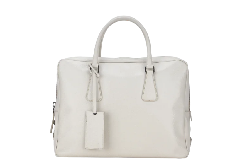 Prada handbags with a beaded trim for a touch of glamour and elegancePRADA ZIP AROUND BRIEFCASE (VS0305) MEDIUM BEIGE SAFFIANO LEATHER SILVER HARDWARE WITH DUST COVER AND CARD